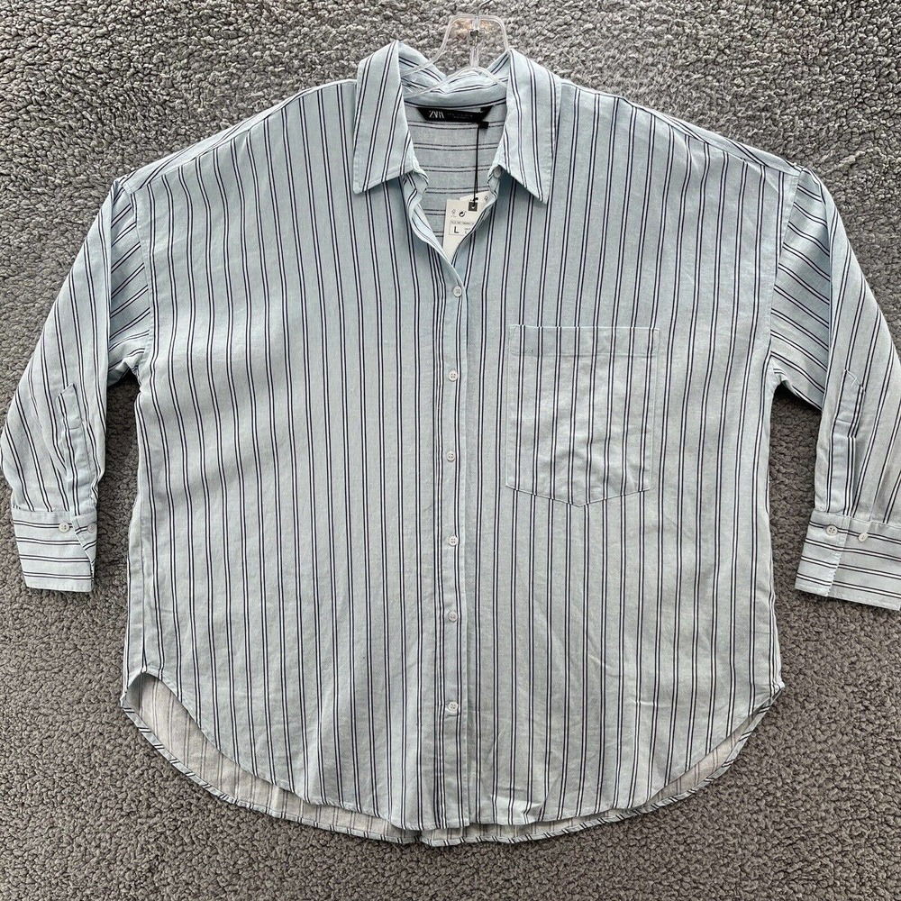 Zara Shirt Womens Large Blue Stripe Linen Blend Oversized Button Up Long Sleeve